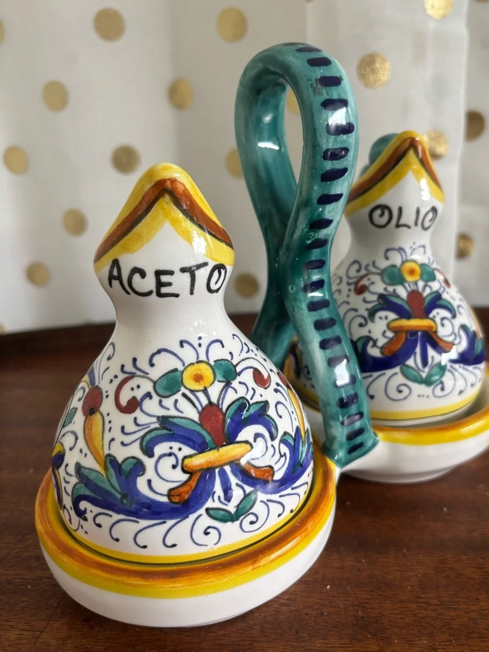 Ricco Deruta Italian Oil and Vinegar Cruet Set W Caddy Hand Painted Mediteranean